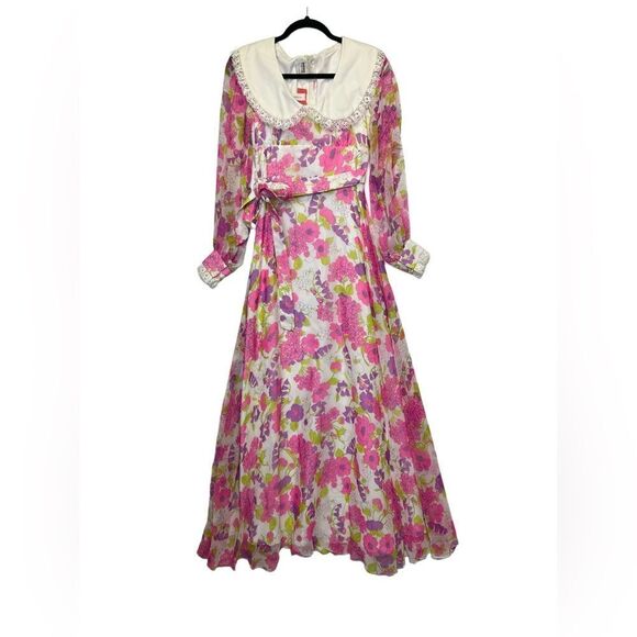 Vintage 1970s  trad Long Sleeve Floral Empire Waist Dress Chiffon Modest small - Picture 2 of 15